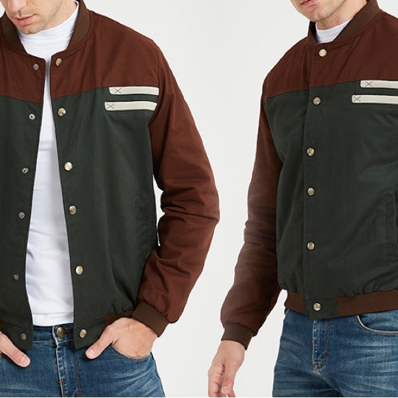 Men's Colorblock Bomber Jacket in Brown and Olive - Picture 4 of 6